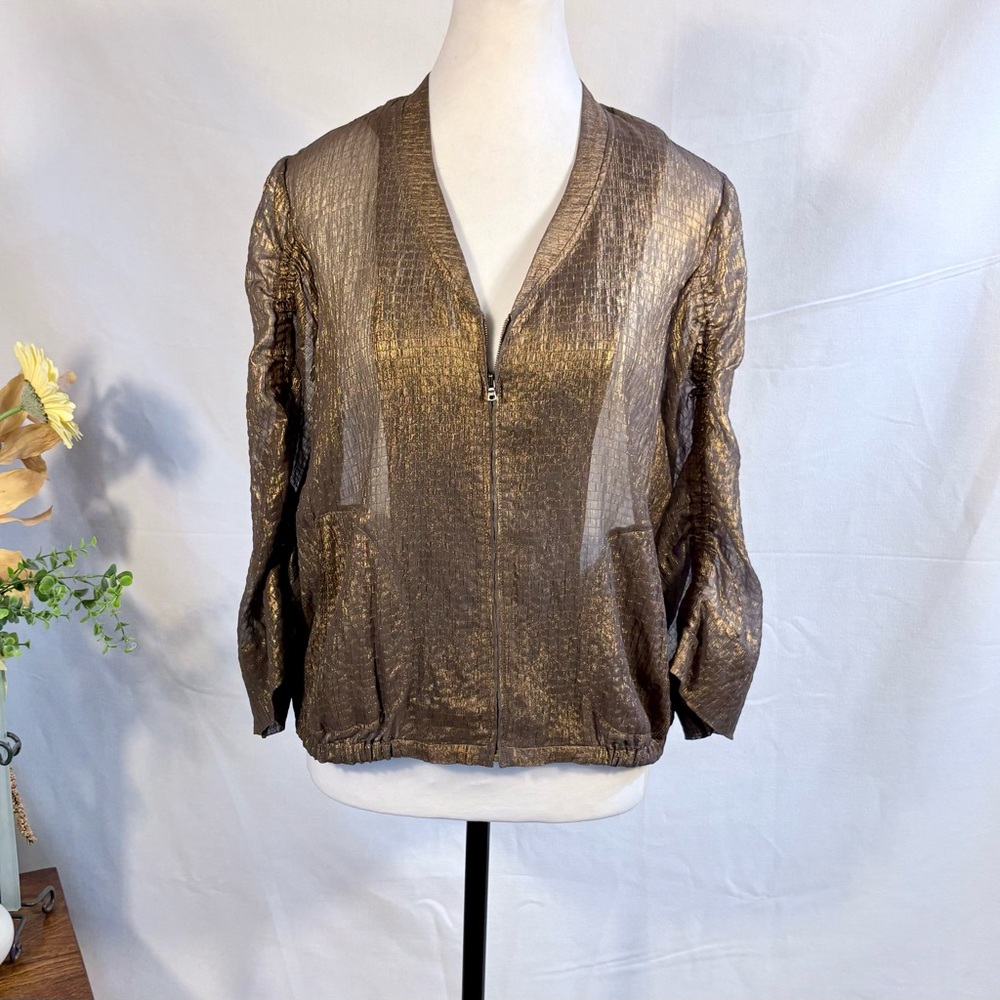 Diane von Furstenberg Metallic Chiffon Zip Jacket Copper Brown Sz 6💚 - Picture 12 of 12